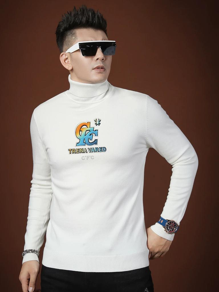 European Trendy Brand High-Neck Sweater for Men, Fashionable Letter-Print Knitwear, 2025 New Autumn Men's Base Layer Shirt