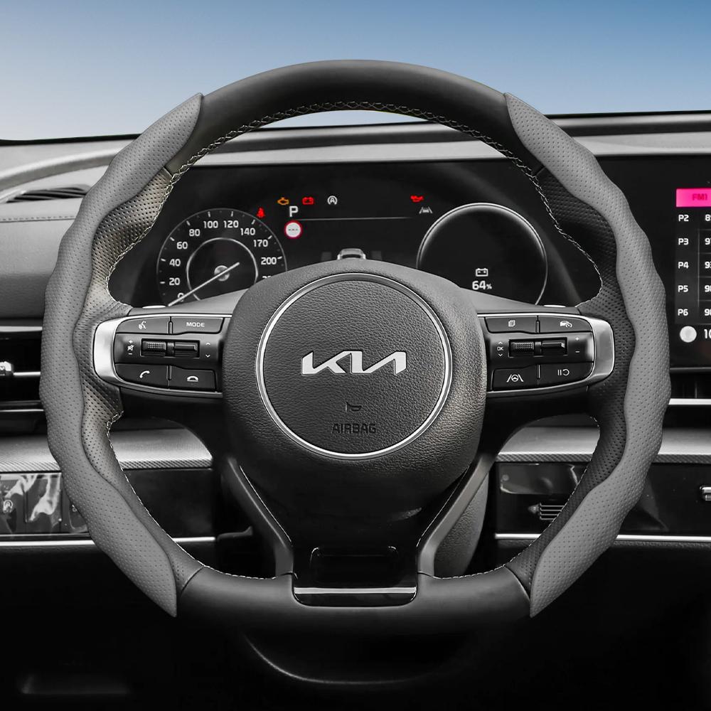 Suitable for Kia Steering Wheel Cover with Wavy Sports Design, Breathable Leather, Segmented Anti-Slip, Sweat-Absorbing Protective Cover for Ceed,