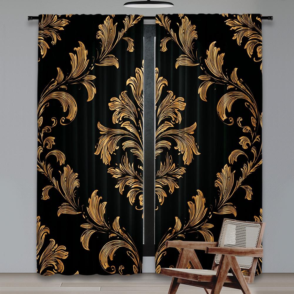 Set Of 2 Flat Printing Curtain Golden Ornamental Flourish Digital Printed Polyester Drapes Family Party Decoration Use Home