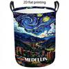 1pc Laundry Basket, Starry Sky City Night Oil Painting Pattern Dirty Clothes Hamper, Collapsible Fabric Organizer with Sturdy Handles, Casual Home Bed