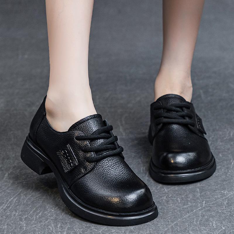 Autumn Women's Single Shoes Lace-Up Soft Cowhide Shoes Thick Mid-Heel Soft Sole All Season Deep Mouth Shoes