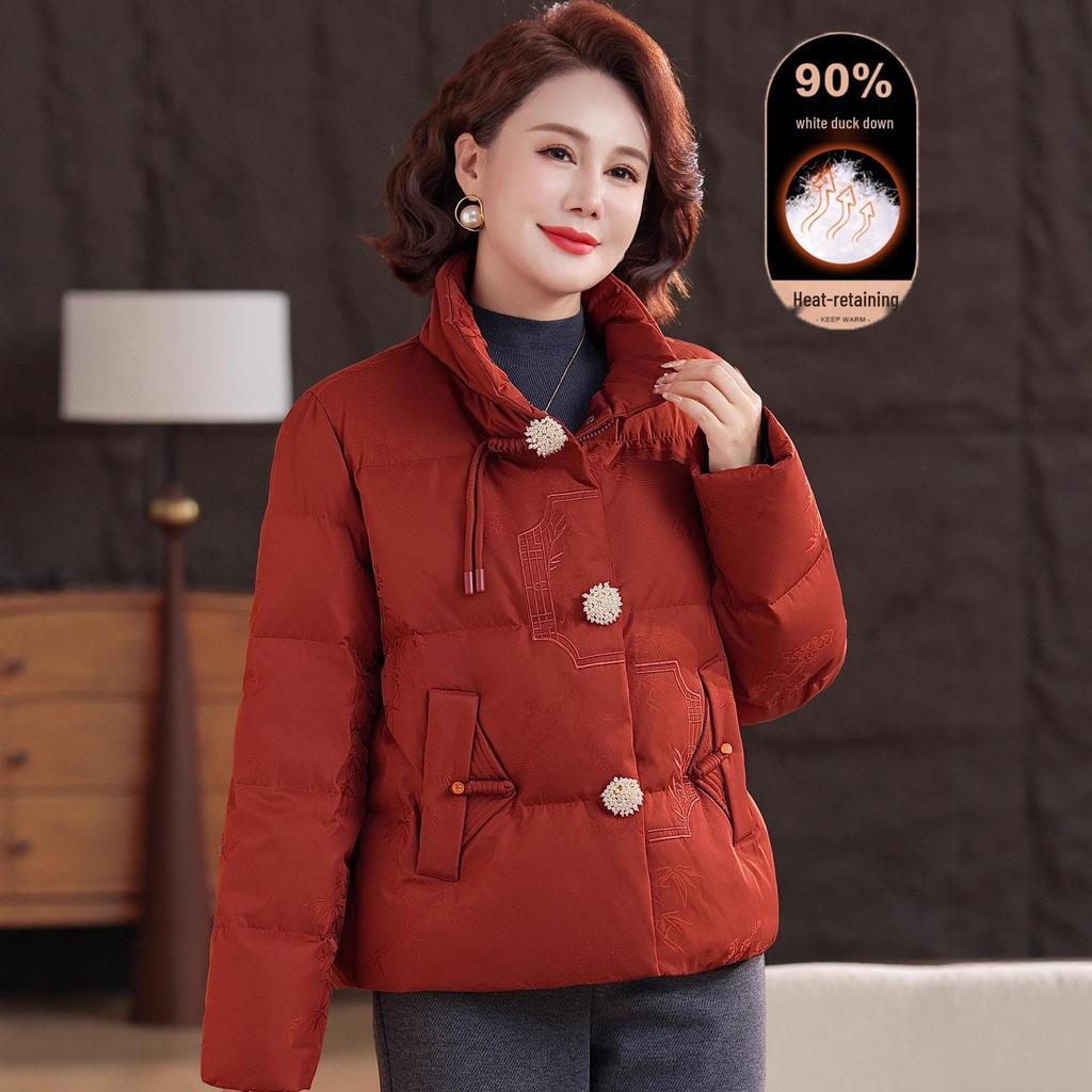 Petite Mother-in-Law Red Winter Down Jacket: Warm, Thickened Coat for Middle-Aged and Elderly Women
