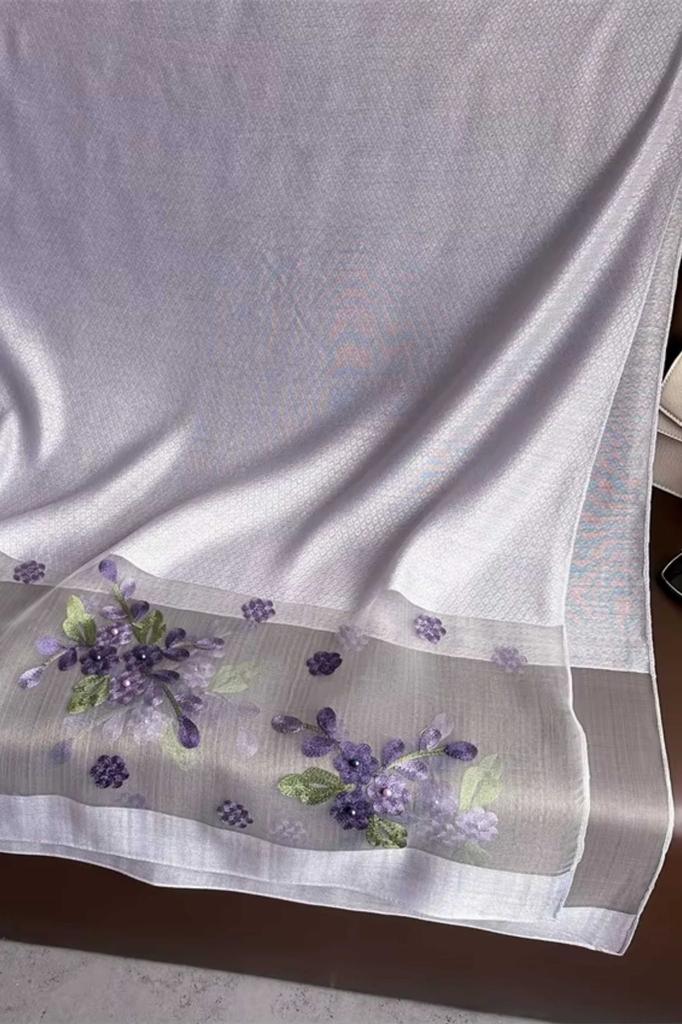 Lavender Shawl with Embroidered Flowers 180X70 - Silk with Polyester