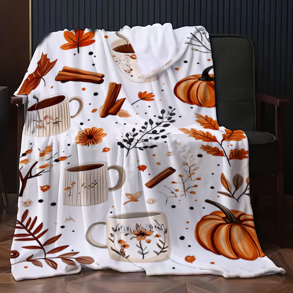1pc Digital Printing Autumn Elements Leaf Pumpkin Pattern Flannel Blanket, super soft and comfortable lightweight throw blanket