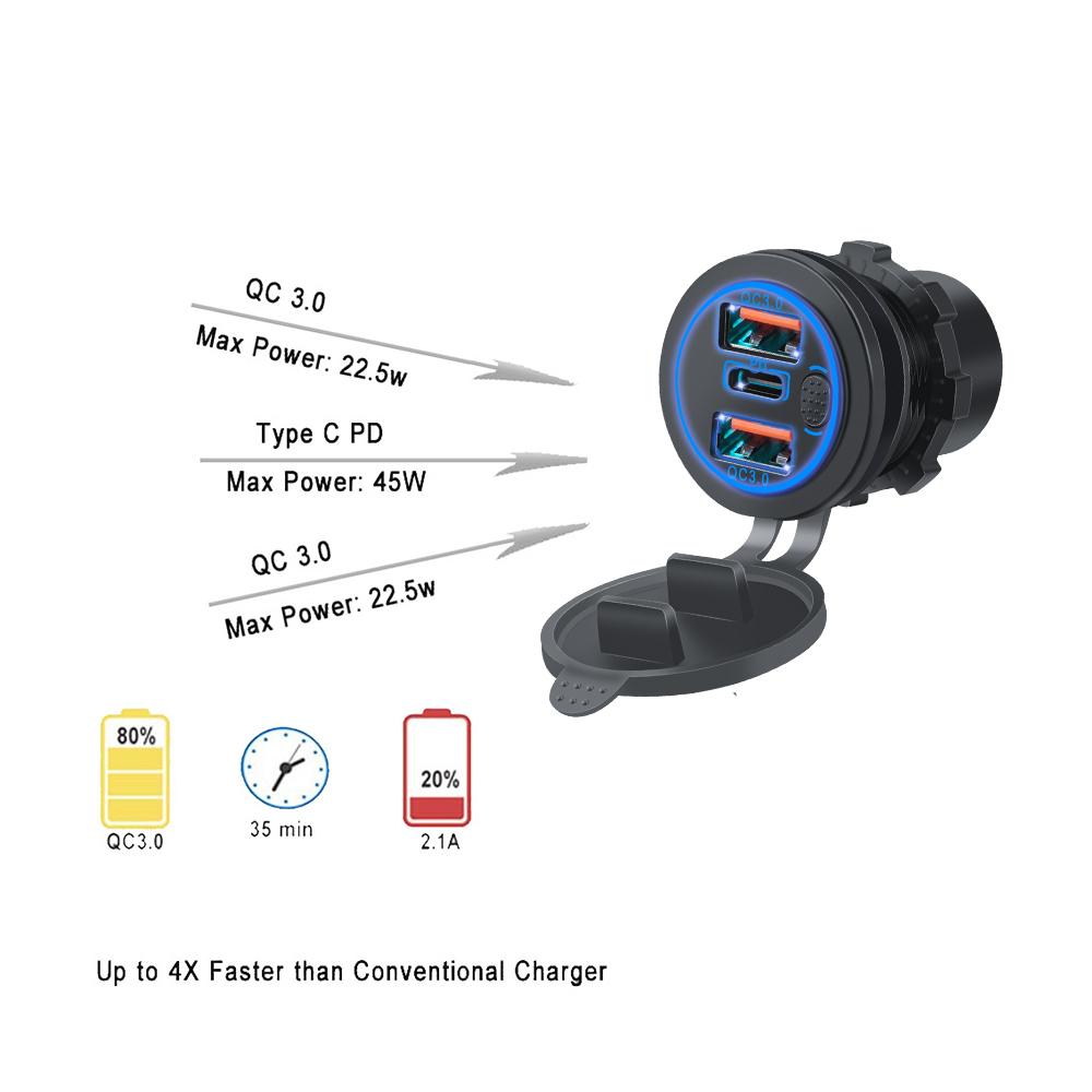 68W Dvojitá zásuvka USB QC 3.0 a Type-C PD Trojitá zásuvka 12-24V Nabíječka do auta s dotykovým spínačem Vodotěsná pro auto Loď Mořské RV