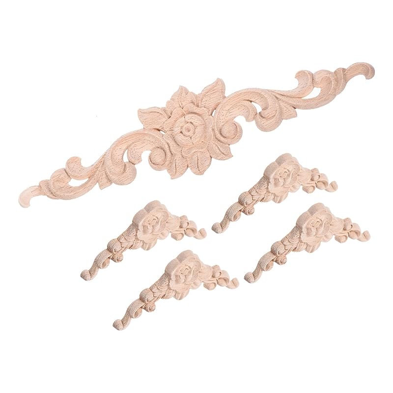 

uxcell wooden appliqué onlay set DIY hornflower decorative wood carving onlay furniture bed door for wardrobe (1 piece 27.5 cm and 4 pieces 8 cm