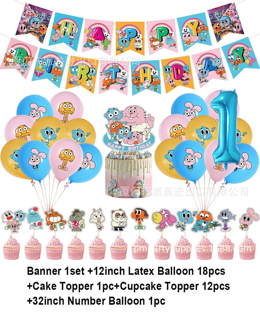 Cartoon Amazing World Birthday Party Decorations Gum&balles Balloon Banner Cake Topper Rabbit Cat Anime Backdrop Kid Favor Gift