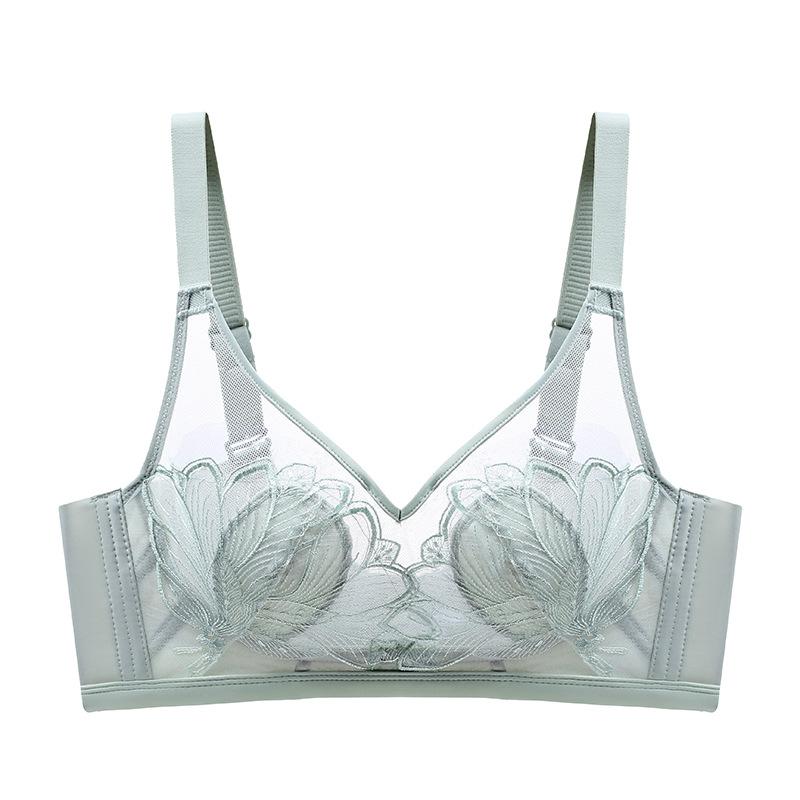 

Ультратонкое нижнее белье, женское нижнее белье с хрустальной чашкой и вышивкой, большая грудь, маленький сексуальный бюстгальтер со стальным кольцом, новый тонкий летний 75A светло-зеленый
