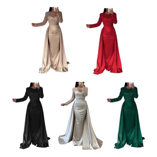 Sequin Sheer Mesh Long Sleeve Maxi Dress for Women Flowy Glitter A-line Long Dress Formal Cocktail Evening Gown