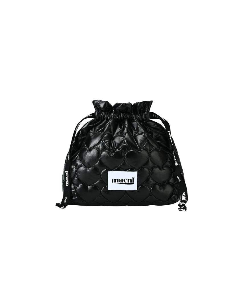 Macni Heart Quilting String Pouch Bag Black