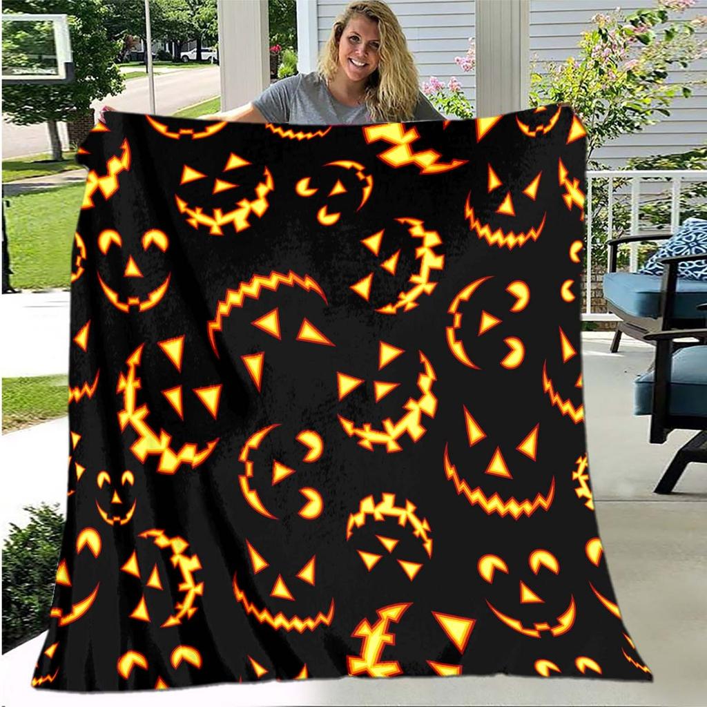 Halloween Ghost Pumpkin Cartoon Digitalprinted Polyester Velvet Flannel Cover Blanket Fleece Soft Sofa Cover Blankets for Beds