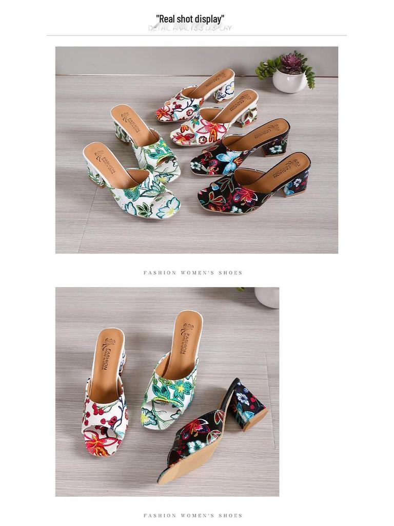 European & American Embroidered Open Toe High Heel Square Toe Sandals - Women's Plus Size, Chunky Heel, One-Strap Fashion Slippers