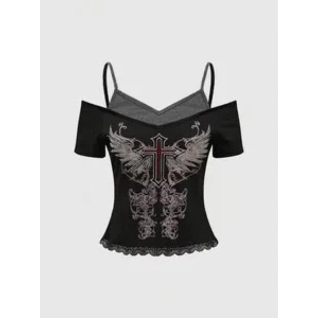 Women's 90s Vintage Punk T-Shirt Streetwear Sexy Short Sleeve Gothic Slim Crop Top Hotgirl Casual Femme Tee Harajuku Y2k
