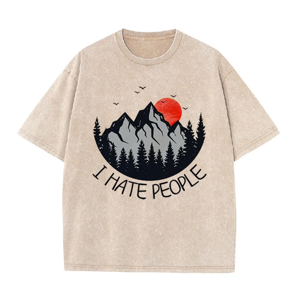 2026 Vintage Mountain Pine Forest Red Sunset Bird Graphic Brown Acid Washed T Shirt Retro Outdoor Funny Slogan Oversized Unisex