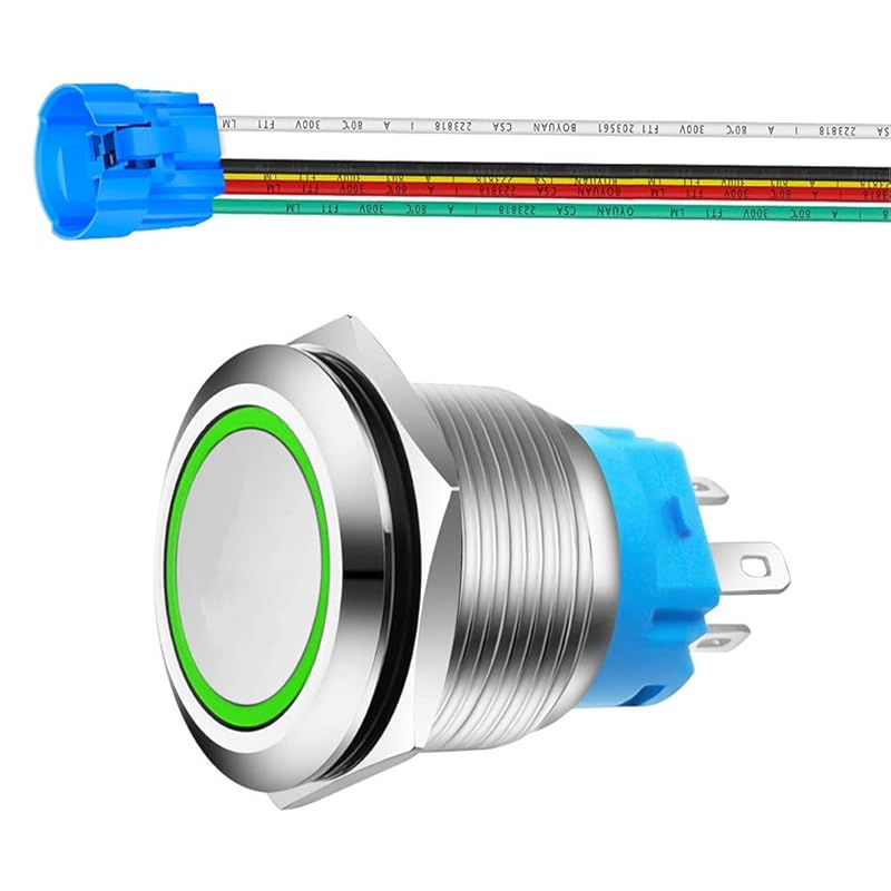 22mm Momentary Push Button with Wire Socket 3A-12-24V(AC/DC) 1NO 1NC SPDT On Off Metal Waterproof IP65 Self Reset (Red&Green LED)