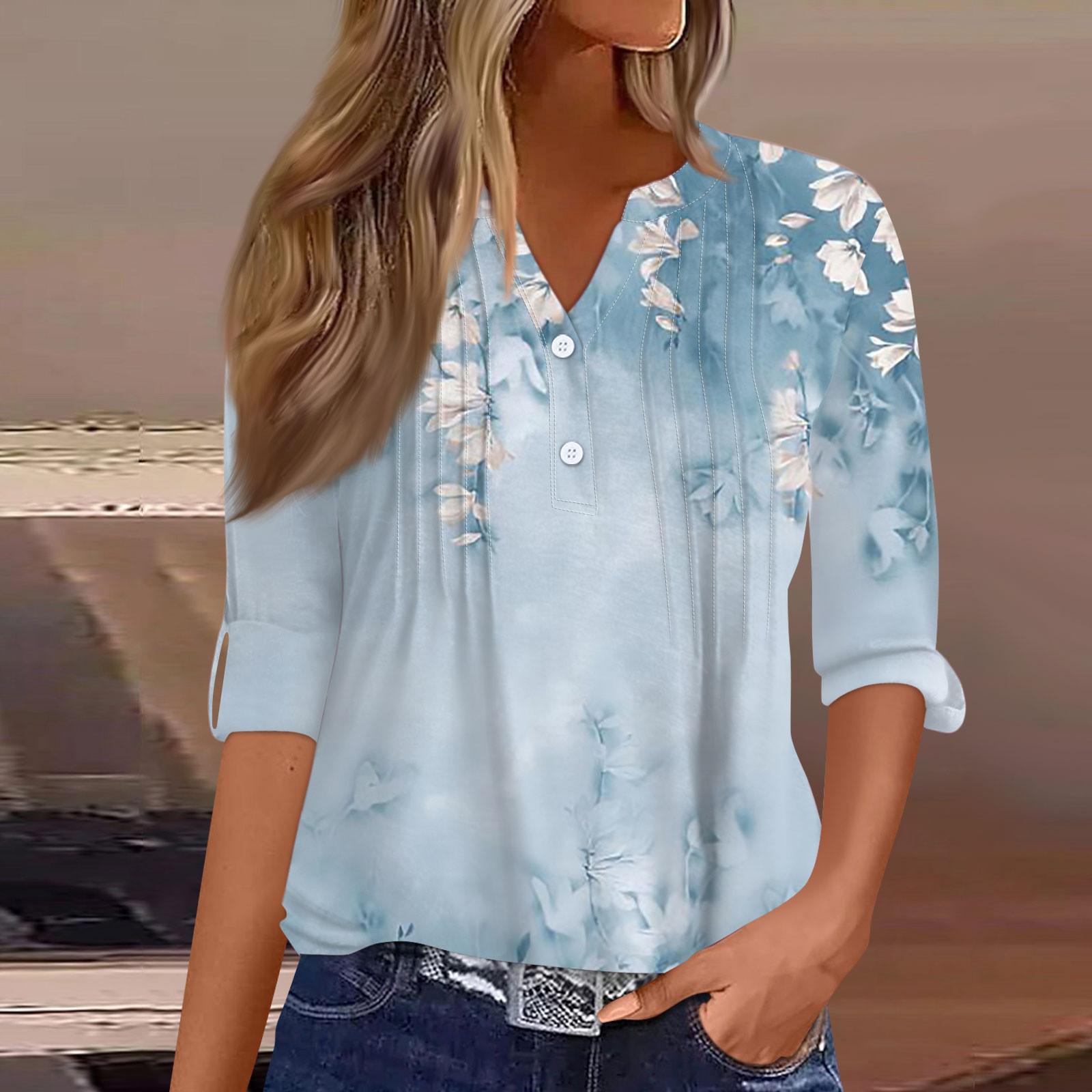 

Женская модная повседневная футболка с v-образным вырезом и длинным рукавом с принтом, топ на пуговицах XXL