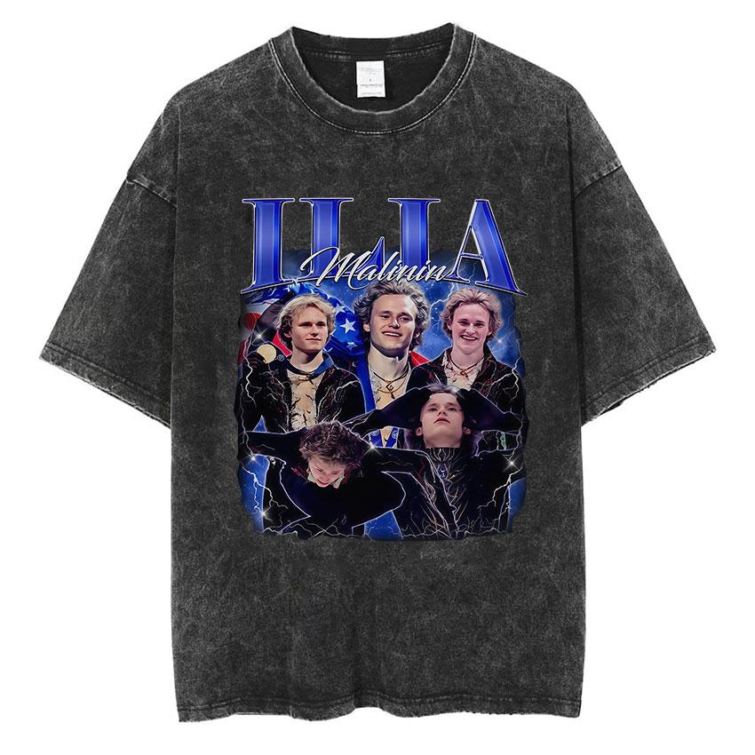 Champions Ilia Malinin Ice Skating Vintage Washed T Shirts Mens Summer Fashion Oversized Cotton Tshirt Unisex Streetwear