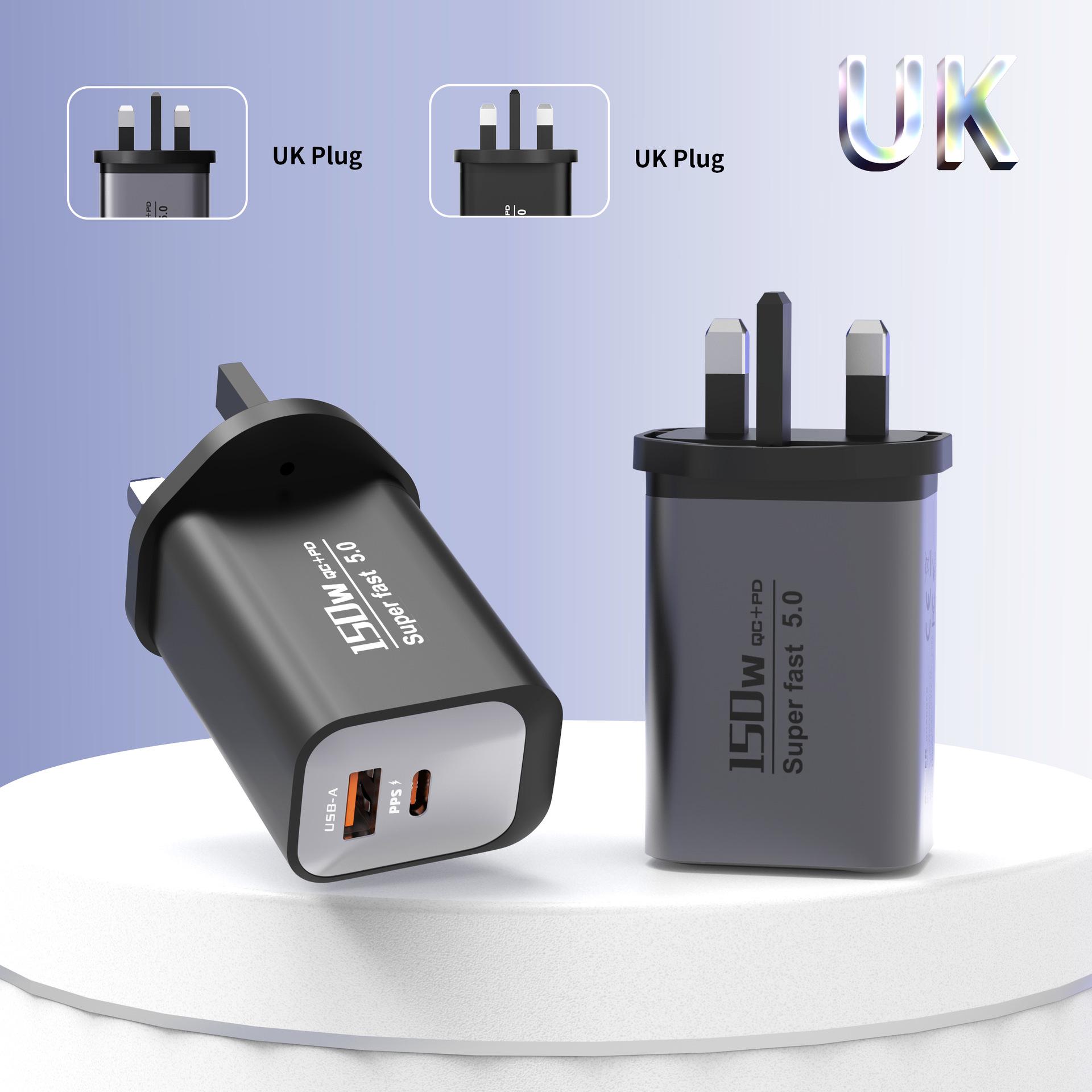 

150W Dual-Port USB+PD Fast Charger for EU/US/UK Devices with Type-C Flash Charge Compatibility UK Standard чорний