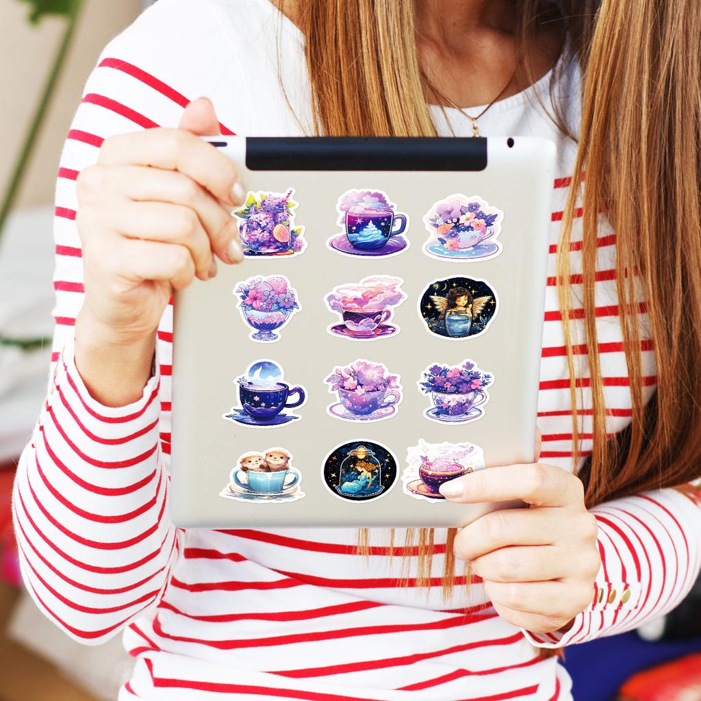 50PCS Dreamy Purple Tea Cup Stickers, Fantasy World Graffiti Decals for DIY Decoration & Journal