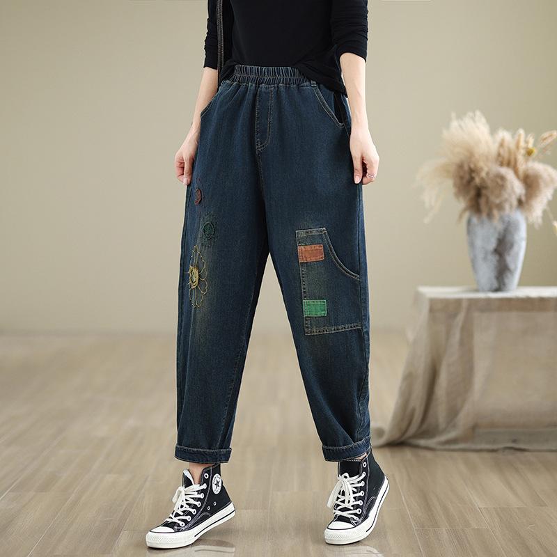 Retro Patch Embroidered Washed Jeans Plus Size Women's Autumn Stretch High Waist Slimming Harlan Daddy Pants Trousers