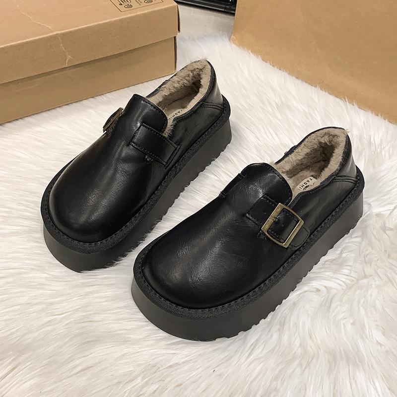 Flats Casual Cotton Shoes Women Loafers Platform Plush Warm Winter Retro Soft Leather Sneaker 2024 Trend Fur Snow Botas Mujer
