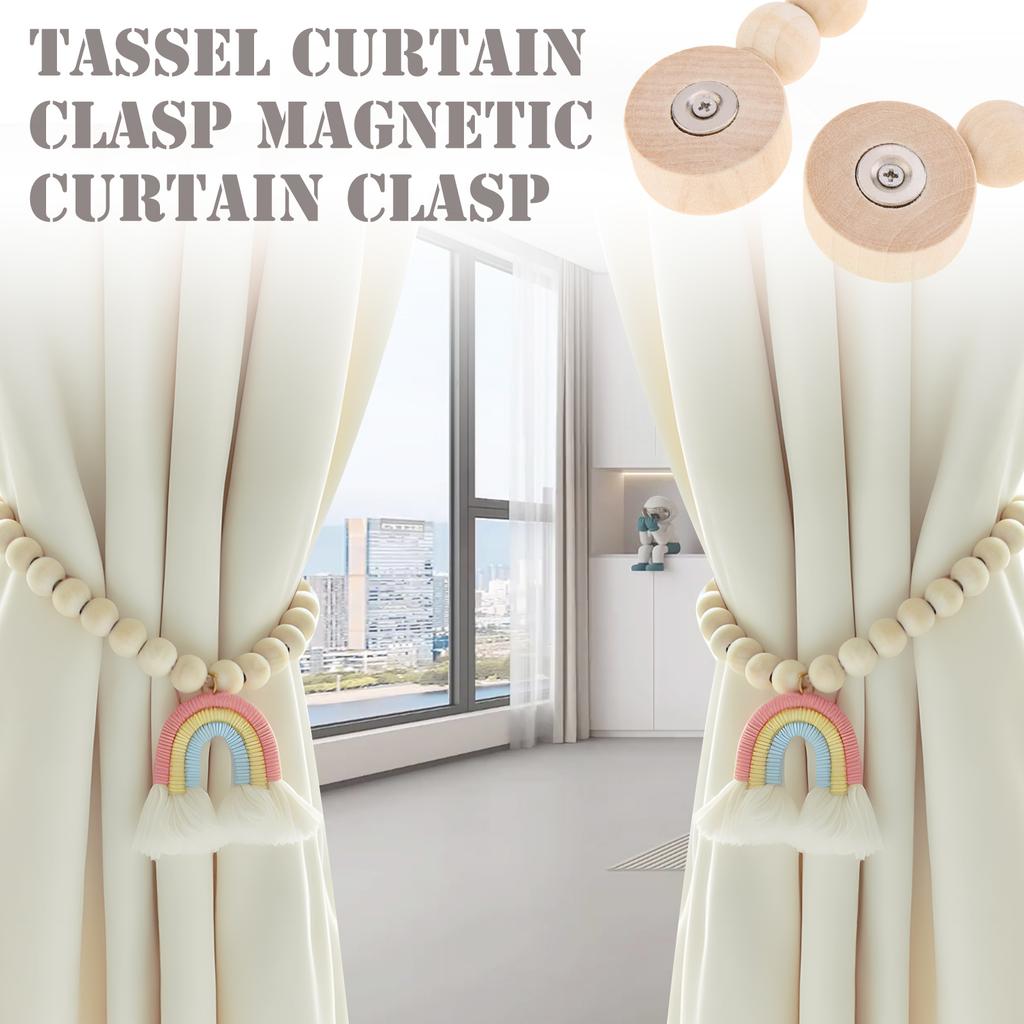 2 pcs Magnetic Wooden Bead Curtain Tiebacks Minimalist Rainbow Tassel for Bedroom Living Room Patio
