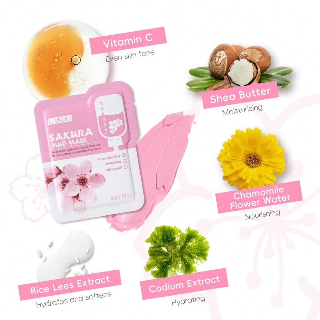 50pcs Sakura Face Mask, Apply Mud Mask, Cleanse, Control Oil, Moisturize & Soothe, Brighten Complexi