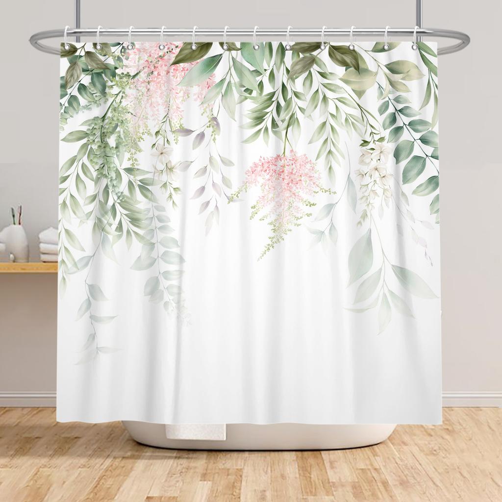 Top Fresh Watercolor Plants And Flowers Leaf Pattern Bathroom Shower Curtain Home Decoration Waterproof Tape Hooks