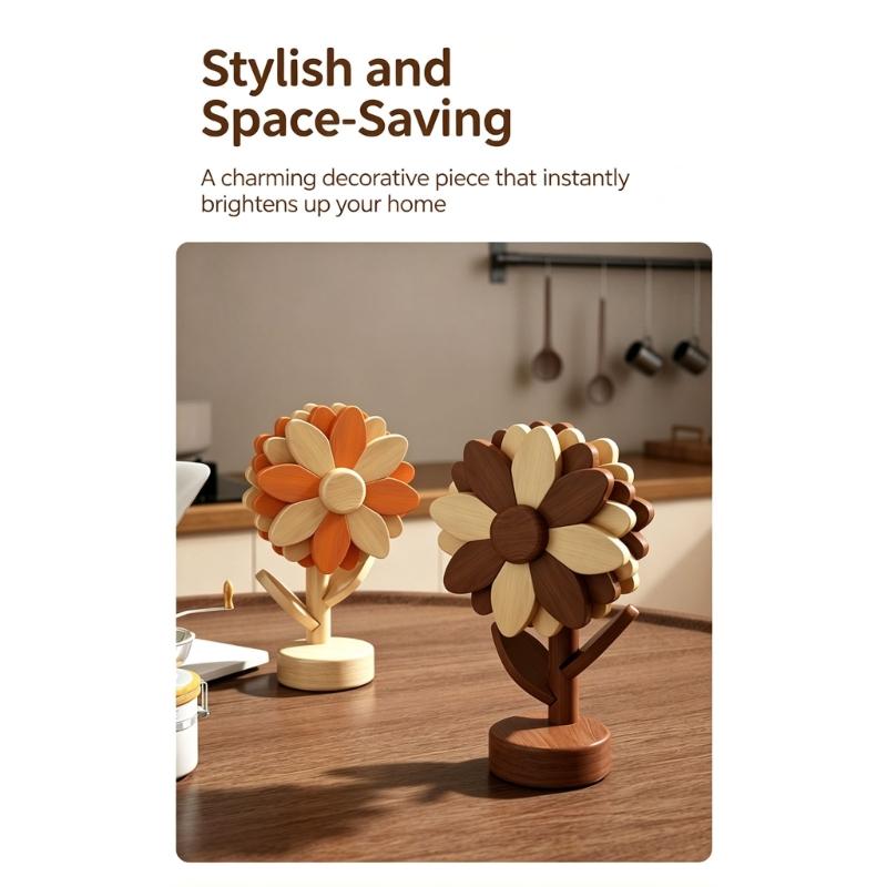5-Piece Wooden Trivet Set with Flower Forms and Vertical Storage for Family Meals, Gatherings, and Dining Table Presentation