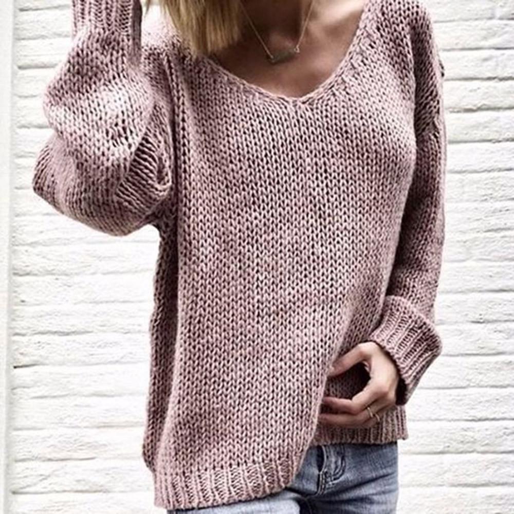 Women's Fashion V-neck Long Sleeve  Solid Color Sweaters and Knitted Sweaters