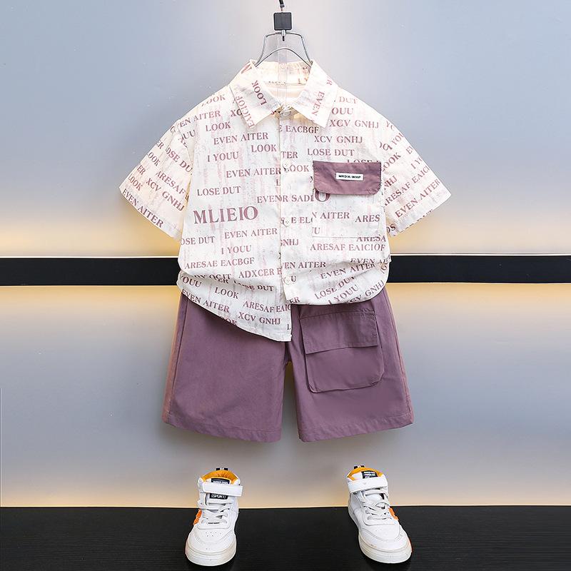 

0-5-year-old Boy s short sleeved two-piece set, Summer boy s letter printed shirt+casual shorts set, Children s fashion clothes XXL фіолетовий