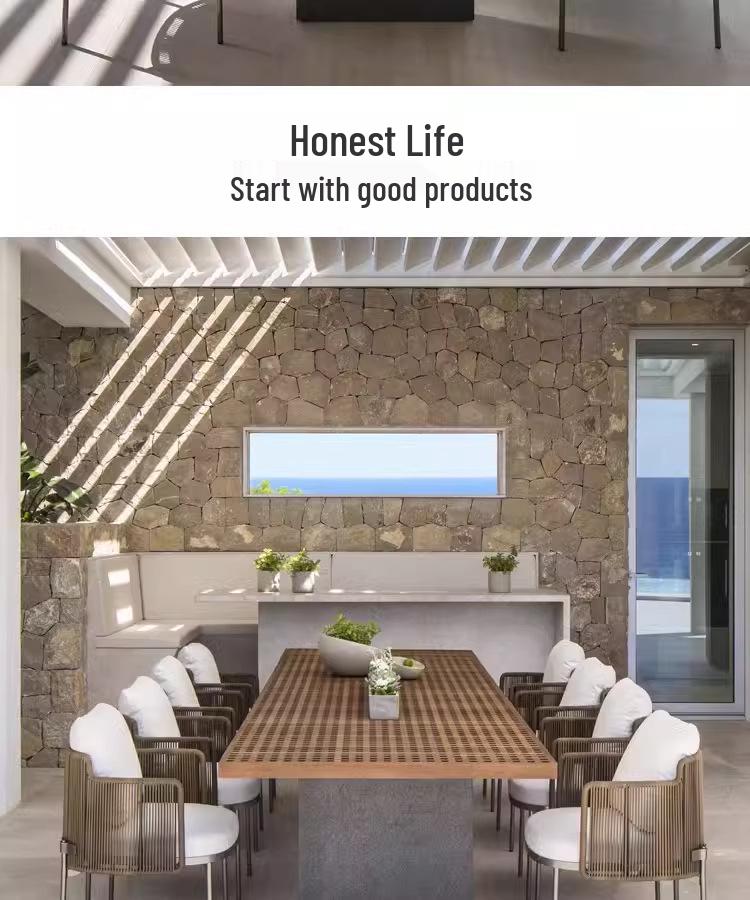 Outdoor Rattan Dining Set: Long Table with Casual Woven Chairs for Garden, Terrace, or Courtyard.