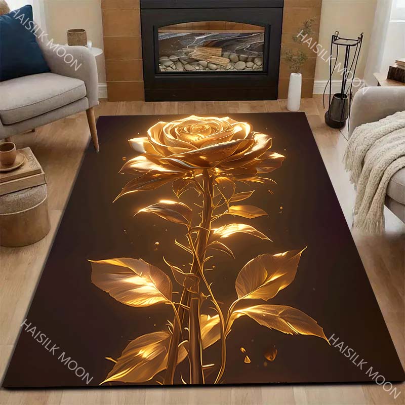 1PC Golden Rose Pattern Carpet for Living Room Bedroom Bedside Floor Mat Sofa Table Area Rugs Home Decor Large Size