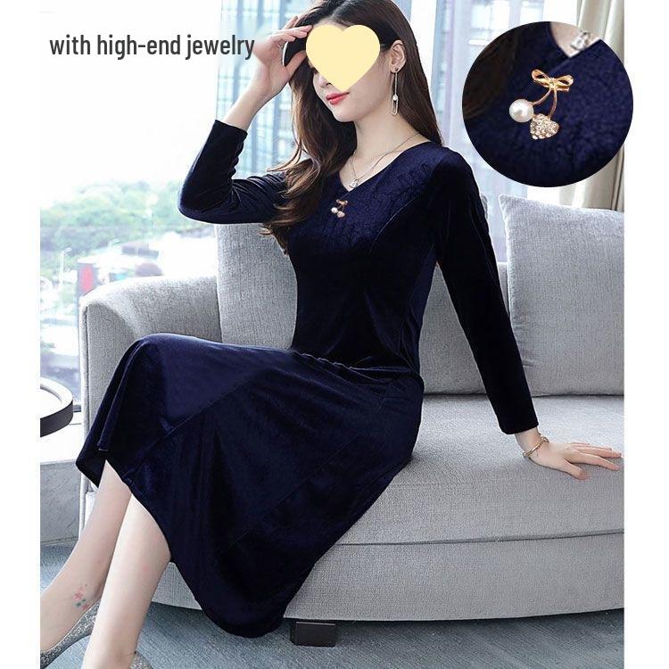 Women's Plus Size Gold Velvet Mid-Length Dress - Autumn 2025 Style, Loose Fit for Middle-Aged and Elderly, Tummy-Covering