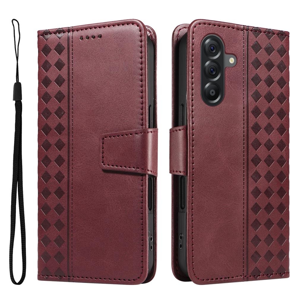 For Samsung Galaxy A56 5G Leather Case Wallet Stand Grids Imprinted Phone Cover with Strap