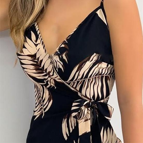 Summer Dress Floral Leaves Print Skinny Female Spaghetti Strap Bohemian Beachwear for Beach