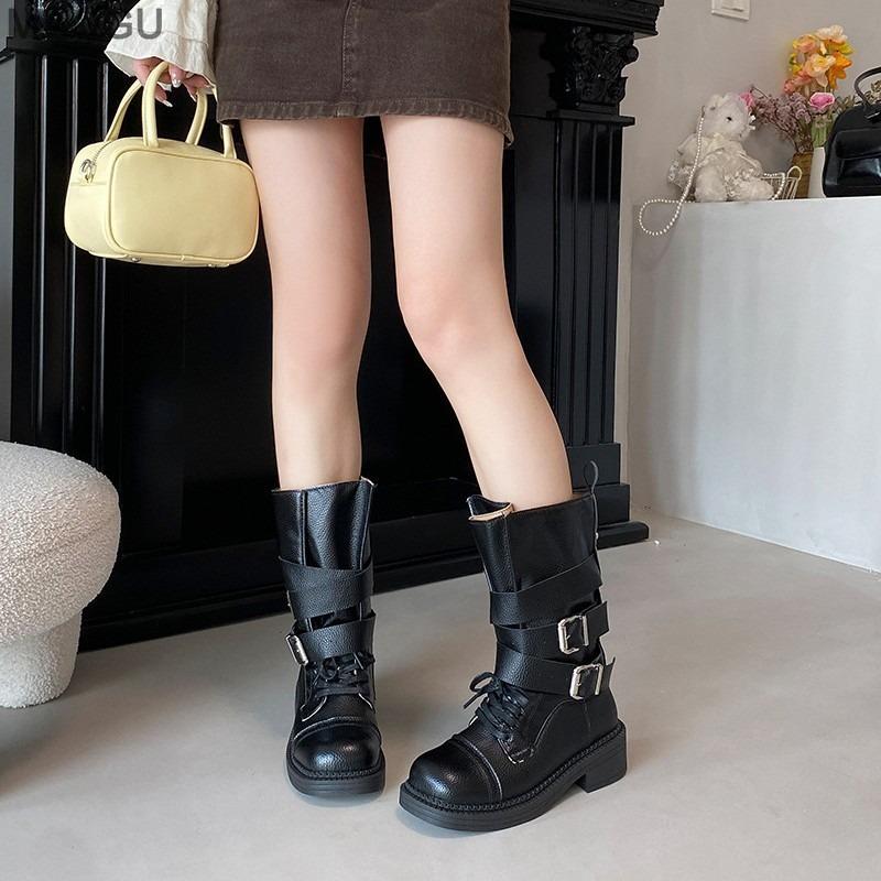 British Style Women's Soft Leather Riding Boots Belt Buckle Platform Chunky High Heel Mid-Calf Retro Brown Boots Bottes Femmes