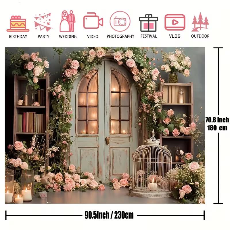 2D Vintage Door Floral Tapestry, Pink Rose Arch Backdrop for Wedding, Bridal Shower, Engagement & Photoshoot