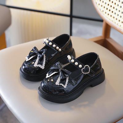 Autumn New Girls Leather Shoes Black Beige Kid Princess Mary Janes Elegant Bowknot Pearl Hook-loop Stylish Children Chunky Shoes