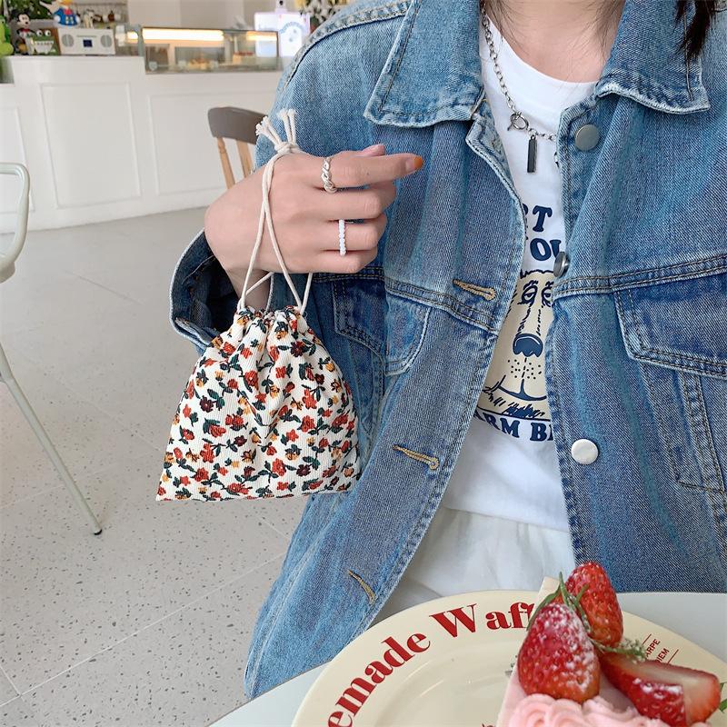 Cute Floral Corduroy Small Coin Purse Drawstring Bag Handbags Woman Jewelry Lipstick Cosmetic Tote Rope Storage Pouch String Bag
