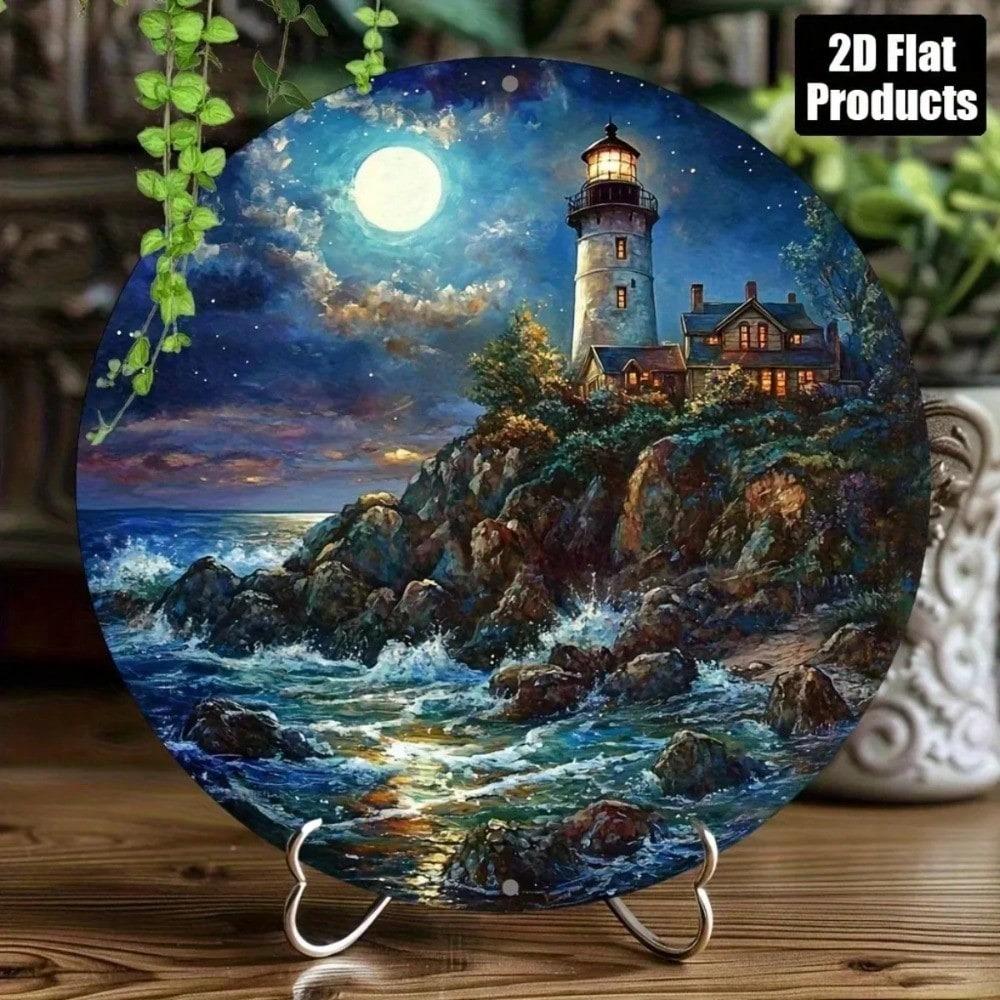 Vintage Coastal Lighthouse Moon Rustic Metal Wall Art Round Sign Home Decor
