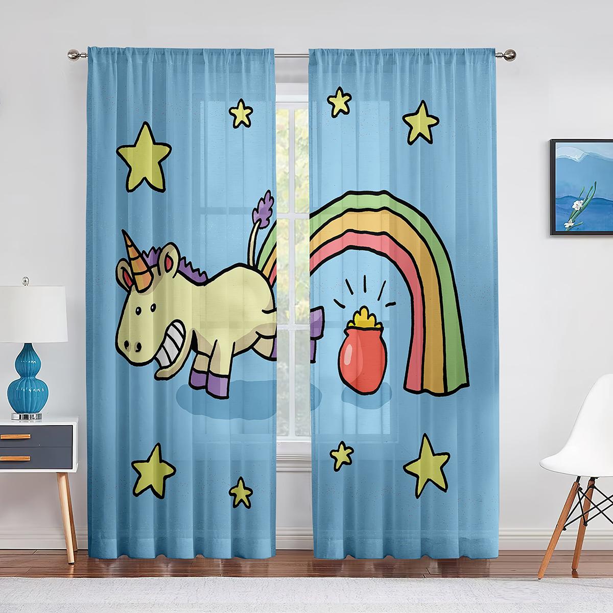 

Красочная Радужная прозрачная занавеска с единорогом для декора гостиной, современная тюлевая оконная занавеска для девочек, вуаль для спальни, шторы 1 PCS W100XH250cm&Grommet Top