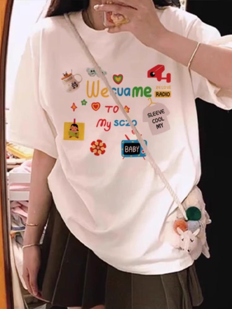 Cotton short-sleeved T-shirt women s loose and versatile summer fun cartoon letter printing design casual top women s [recommended 40-47.5kg ] белый