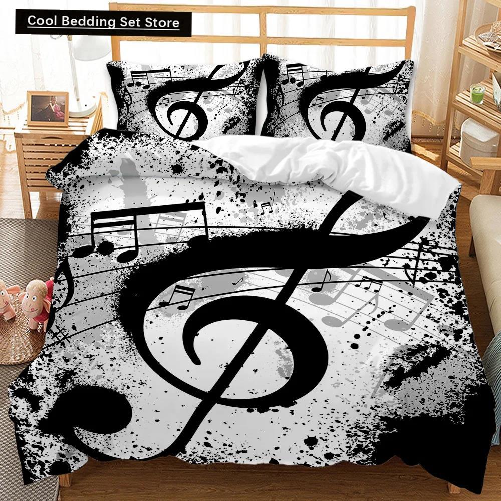 Music Duvet Cover Music with G-Clef Black Instrument Twin Bedding Set Monochrome Creative Rhythmic Ornate Polyester Qulit Cover