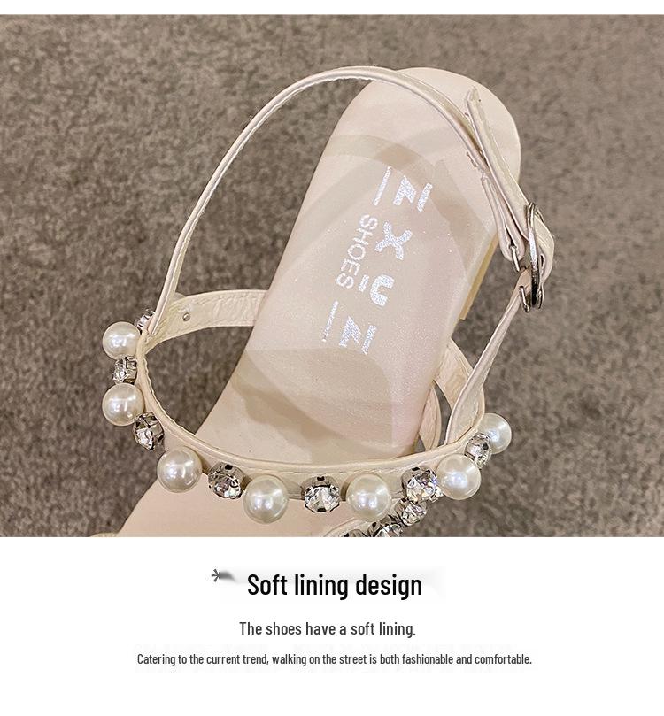 Women's 2024 Summer Rhinestone Pearl Flat Sandals - Korean Style Temperament Casual Shoes