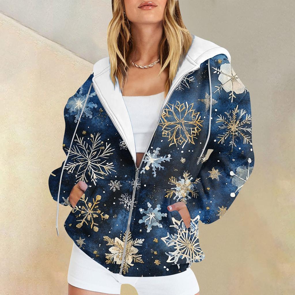 Women's Christmas Printed Sweatshirt  Winter Long Sleeve Cardigan Jacket With Pockets Zipper Hoodie Outerwear