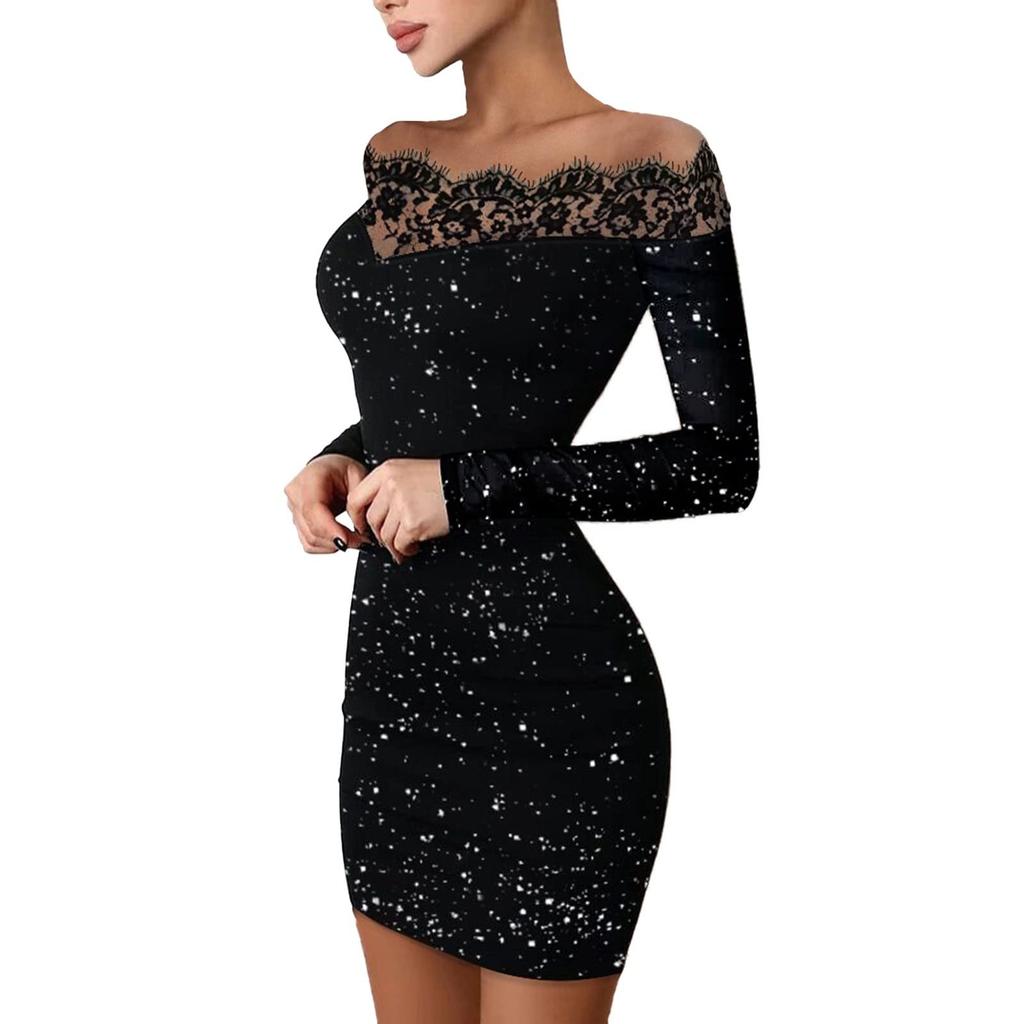 Fashion Womens Loose V-neck Bright Flash Rhinestone Long-sleeved Dress