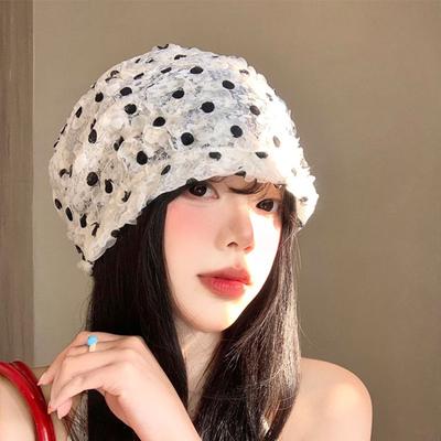 Kadınlar için Puantiyeli Dantelli Bol Bere İlkbahar Yaz İnce Nefes Alabilen Kore Tarzı Yüz İnceltici Türban Büyük Baş Çevresi Çok Yönlü Şapka
