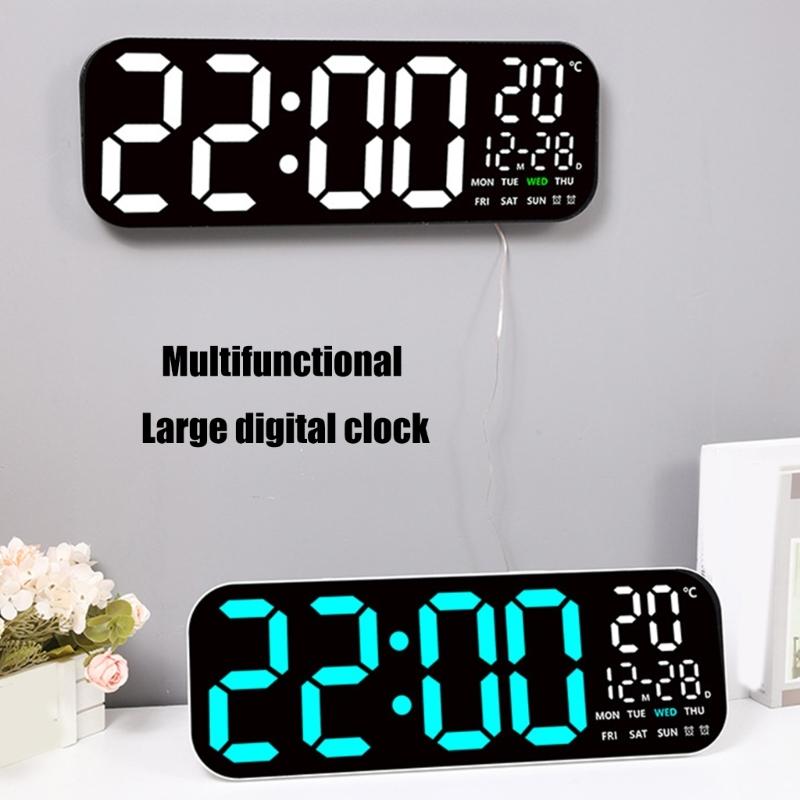 Large LED Digital Wall Clock with Remote Control Date Week Temperature Display Auto Dimming for Living Room Bedroom