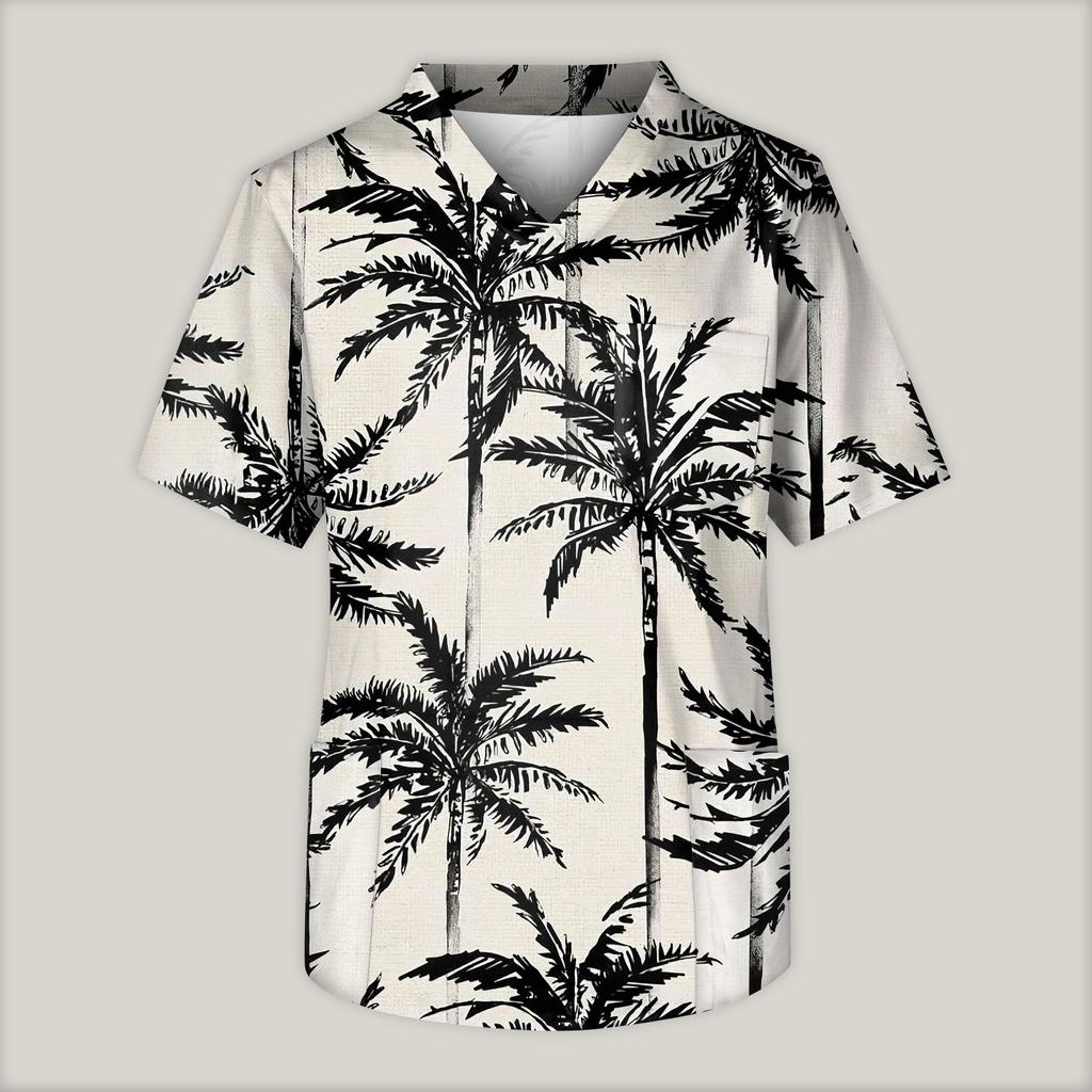 Blusa de trabajo con cuello en V y manga corta estampada para hombre, con bolsillo en el pecho